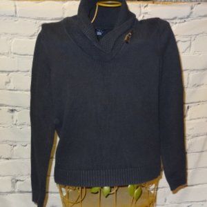 Chap's Navy Blue Cowl Neck Sweater w/Decorative Piece, Like New